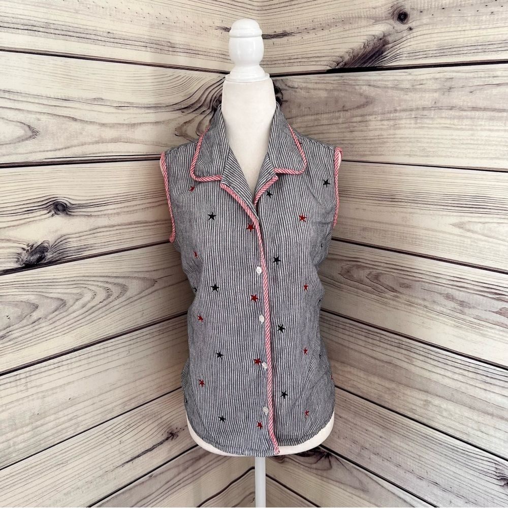 Vintage 4th of July Striped Star Embroidered Sleeveless Linen Button Down Shirt